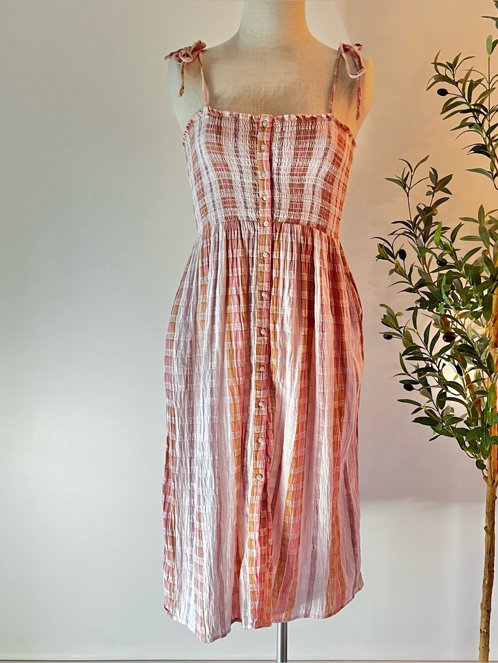 Plaid textured Pink and orange  Button-Front Sundress